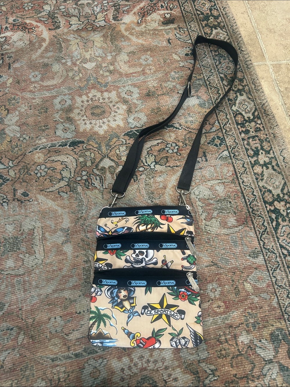 Lesportsac Beige Tattoo-Print Crossbody with Black Strap